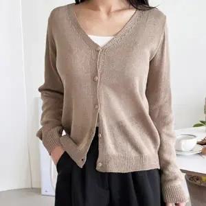 여성 여자 긴팔 가디건 린넨 봄 여름 브이넥 기본 베이직 데일리 캐주얼 일상 컬러 무지 심플 오피스 데이