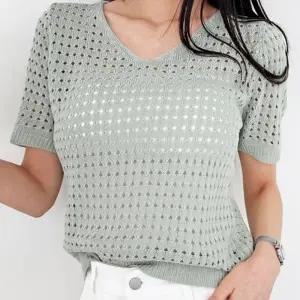 여성 여자 니트 반팔 티 티셔츠 브이넥 봄 여른 펀칭 기본 베이직 데일리 캐주얼 러블리 오피스 정장 레이