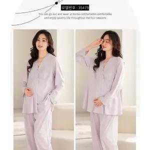 여사친 캐주얼 후 산모 수유 임신기 성 라운드넥티 세트 잠옷 얇은 출산 홈웨어 긴팔 용 임부 풀오버 원픽5