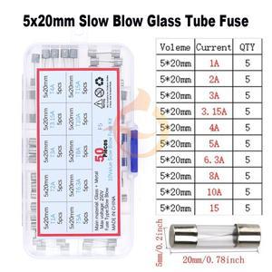 50개 10가지 값 5x20mm 슬로우 블로우 유리관 퓨즈 T1A-T15A 모듬 키트