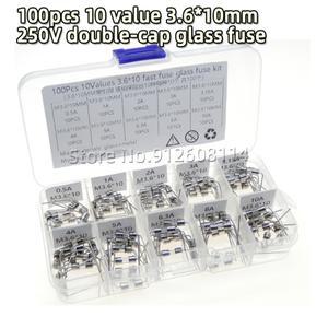 100개박스 10가지 값 3.6x10mm 250V 이중 스틸 캡 축 방향 유리 퓨즈 키트 도체 포함 0.5A 1A 2A 3A 3.15A