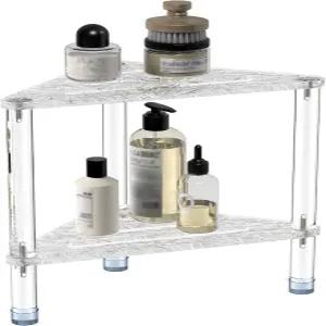 다리를 면도하기 위한 GOIOIA 아크릴 코너 샤워 스툴 11.42인치 D X W 14.37인치 H 보관 선반이 있는