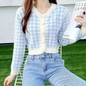 패션스타일 도톰한 두께 체크 여성 크롭한 가디건 기장 무늬