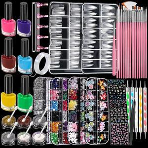 팬다메이 네일 아트 키트 6색 폴리쉬가 포함된 54개 도구 세트 20 PCS 브러시 2박스 팁 6병 크롬 파우더 4박스 매력 초보자용 스티커 10장
