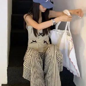 슬림핏 여름세트 리본 포인트 줄무늬 상하 여성코디