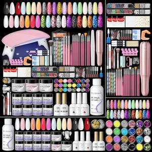 모든 것을 갖춘 초보자용 릴 네일 키트 11가지 색상 파우더 드릴 U V 라이트 3Pcs 젤 폴리쉬 24Pcs 글리터 린스톤 아트 익스텐션 홈 선물 세트