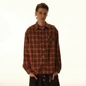 키체샵 남성용 가을 캐주얼 빈티지 솔리드 체크 상의 기모 플란넬 퀄리티 셔츠 HO3