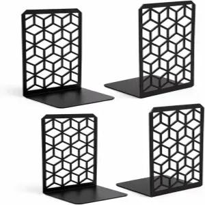 Geomod 3D 큐브 블랙 메탈 북엔드 무거운 책을 위한 장식용 - 튼튼한 보호 북 스톱 최소한의 책꽂이 스토퍼