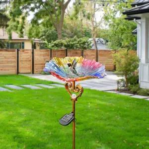 가든 데코 여성을 위한 태양광 유리 블루 버드 배스 야드 아트 야외 조류 목욕장 금속 말뚝이 있는 화이트