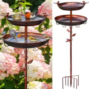 야외용 TLYTOA 메탈 버드 배스 - 야외 정원 장식 2단 물그릇 구리 마감 말뚝 조절 가능 높이 45인치 야드용
