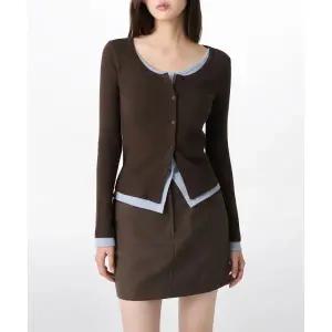 무신사스탠다드 우먼즈 리브드 슬림 스쿱 넥 레이어드 저지 가디건 브라운 1664510