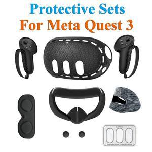 메타 퀘스트 3 실리콘 보호 쉘 7 IN 1 세트 컨트롤러 그립 커버 강화 유리 필름 페이스 렌즈 캡 VR 액세서