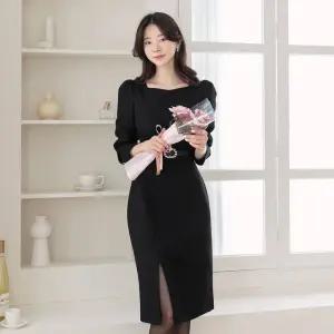 ~XXL까지 로니카 핀턱 퍼프소매 슬릿 원피스 겨울 H라인 벨트세트 하객룩 오피스룩 격식룩 모임룩 연말룩11