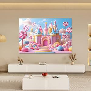 캔디 킹덤 무지개 성 3D 배경 천 - 야외 활동을 위한 다채로운 폴리에스테르 사진