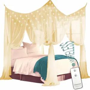 LED 조명과 리모컨 베이지색 풀 퀸 킹이 장착된 4코너 포스트 침대 캐노피 세트를 편안하게 사용하세요