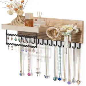 롤라렛 벽걸이형 걸이식 보석 정리함 보관 선반이 있는 15개의 후크 나무 목걸이 홀더 간편한 설치 귀걸이