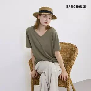베이직하우스 여성 레이온 찰랑 스판 오버핏 브이넥 무지 반팔 티셔츠