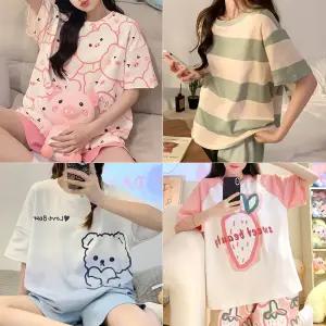 이지 라운드넥 반팔 잠옷 상하 세트 여성 파자마 실내복