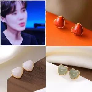 [하프클럽/]복숭아 하트 원석 청금석 청옥 백옥 S925상감 귀걸이