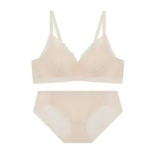 에어홀 컴포트핏 노와이어 레이스 브라 팬티 세트 - 스킨