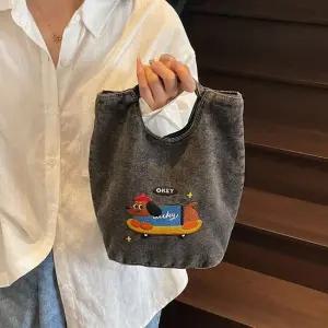 보드독 데님 자수 토트백 손가방_A4160