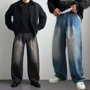 리얼타임 더블핀턱 와이드 청바지/ 남자 벌룬 데님 투턱 스판 워싱 연청 진청 통청바지 빈티지 커플 [3C 3size}