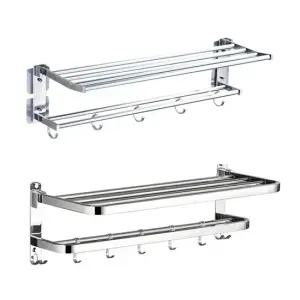 무타공 스텐 욕실 수건걸이 접착식 2단 폴딩 선반형 타올걸이 실버 40cm 50cm 60cm 욕실선반 P037-O