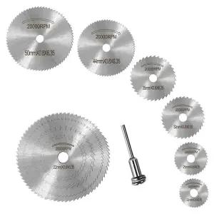 미니 원형 톱니휠 7종 세트 HSS 전동드릴 디스크 6p + 맨드렐 1p 드레멜 고속 블레이드 목재 알루미늄 커팅 절단 톱날