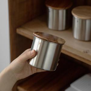 스테인리스 스틸 말차 항아리 380ml 나무 뚜껑 보관 용기 대용량 통 주방용