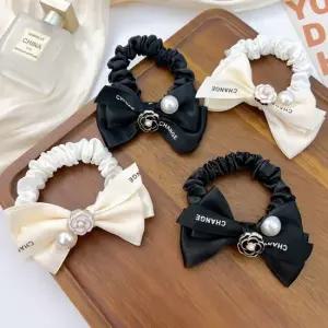 여자 클래식 꽃장식 진주 포인트 헤어끈 머리끈 2컬러 머리끈세트 곱창밴드 쉬폰곱창끈