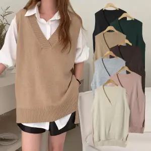 여성 7컬러 브이넥 트임 니트 롱 조끼 레이어드 베스트 -WVE0008- 봄 가을