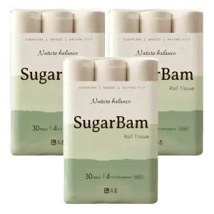 휴홈 무표백 사탕수수 대나무 4겹 슈가밤 화장지 30m, 30롤, 3팩