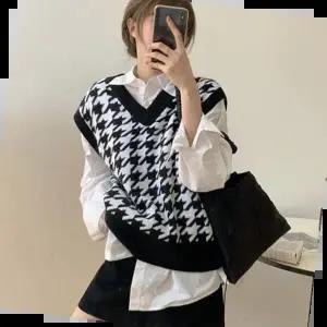 봄 가을 하운드체크 조끼 브이넥 간절기 베스트