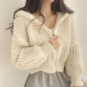 여성 WC66IF03 4컬러 귀여운 소프트 크롭 가디건 후드 집업