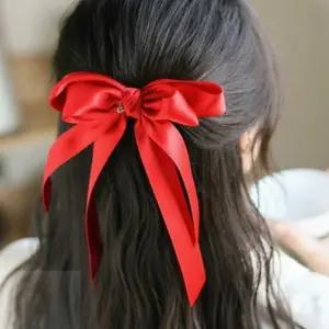 MOONH 반머리헤어핀 여신헤어스타일 사랑스런룩 새틴 롱리본 레드 자동 헤어핀