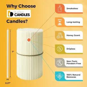 [정품] BlueBee 가정용 순수 밀랍 양초 벌크 - 길고 얇은 테이퍼 캔들 50개, 꿀 향, 무연, 긴 굽기, 교회