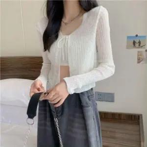 패션스타일 시스루 여성 가디건 여름 여리여리 리본 사무실