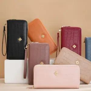 여성 고급스러운 원단 무늬 네잎 2단 지퍼 롱 지갑