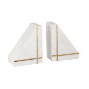 미 크리에이션즈 헤비 마블 북엔드 2종 선반 세트, 장식용 우아한 흰색 삼각형 책 엔드, 견고한 수제 비스키드 엔드 스톱퍼 가정, 사무실, 책장 장식 - 골드 브라스 인레이