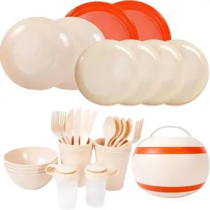 캠핑 접시 피크닉 세트 컵 및 그릇 4인용 31개 플라스틱 바비큐 RV 여행 기숙사 캠핑용 식기 전자레인지