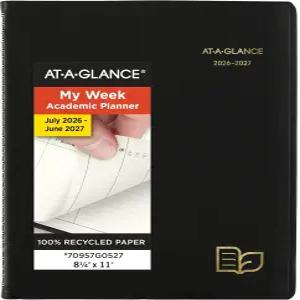 AT-A-GLANCE 플래너 2026-2027 주간 및 월간 학술 12개월 7월~6월 분기별 예약부 8-1/4 x 11 재활용 블랙