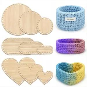 XLiUAX 9팩 나무 바구니 바닥 3사이즈 타원형 원형 하트 모양 빈 크로셰 베이스 직조 용품 DIY 공예