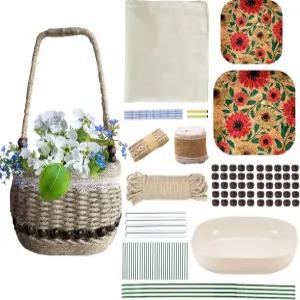 AOUXSEEM 초보자용 바구니 짜기 DIY 키트 손잡이가 있는 황마 로프 직조 레이스 수납 꽃 - 부활절 피크닉