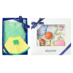 갤러리아 (압소바출산,백일선물)키키무소바디슈트(턱받이)+5종딸랑이세트(A