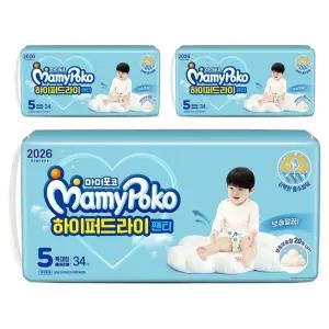 마미포코 2026 하이퍼드라이 팬티형 보송깔끔 기저귀 특대형 남아용 5단계 34매입 3팩