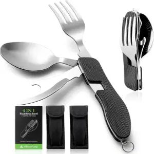 케이스 4-in-1 접이식 플랫웨어 스테인리스 포크 나이프 스푼 병따개 여행용 식기류 호보 멀티툴 세트(블랙