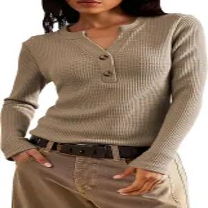 사랑의 항아리 여성 와플 니트 상의 긴 소매 셔츠 헨리 브이넥 버튼 다운 보온 가을 의상
