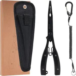 BiteX 롱 노즈 낚시 플라이어 땋은 선 커터가 있는 소금물 저항성 티타늄 코팅 스테인리스 스틸 딥 후크