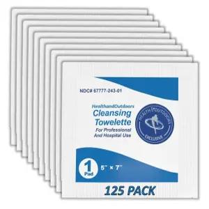 클렌징 토블렛 소독제 5인치 x 7인치 물티슈(125개) 손과 몸 물티슈 개별 포장 125CT