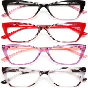 여성용 울 4팩 고양이 눈 독서 안경 블루 라이트 스타일리시한 컴퓨터 리더기